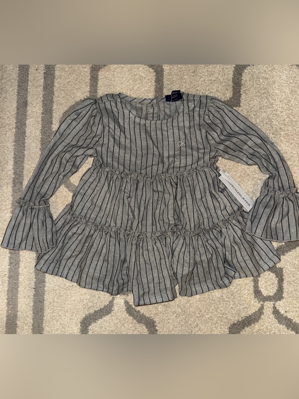 Calvin Klein Gray‎ Striped Ruffle Peplum Top
